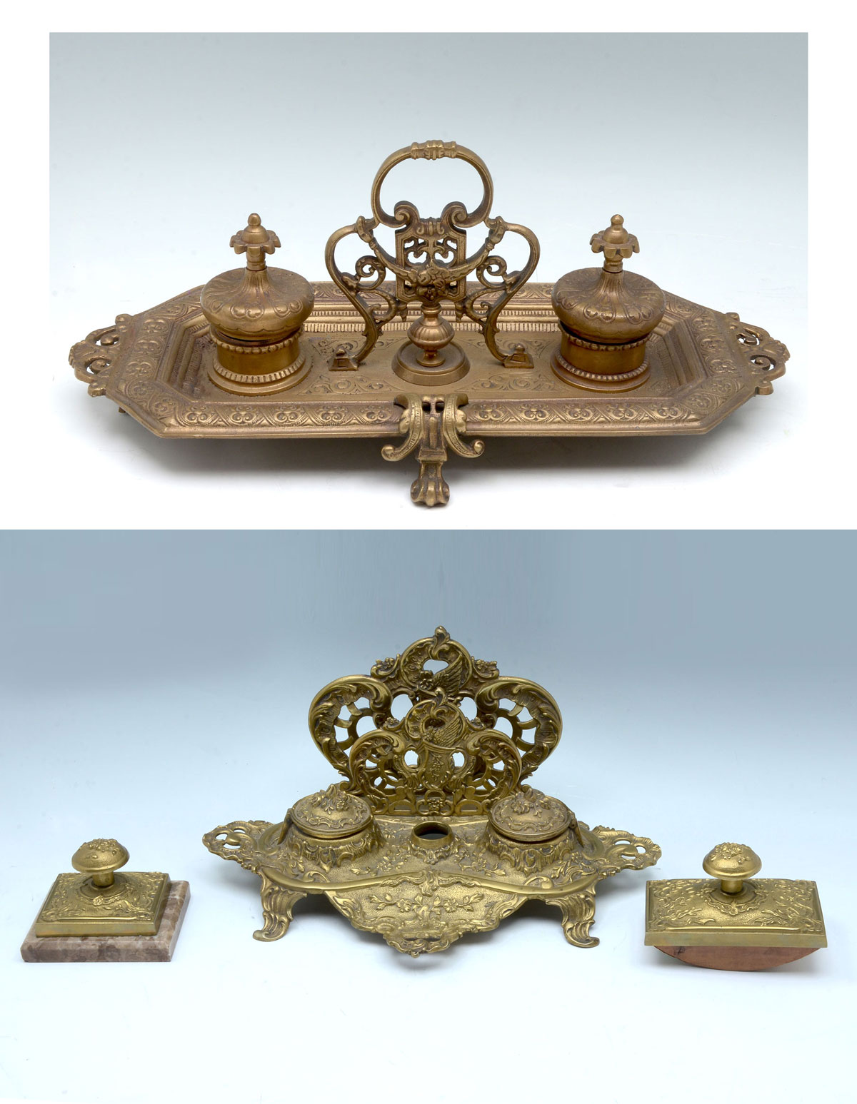 2 ANTIQUE INKWELL SETS: 1)