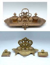 2 ANTIQUE INKWELL SETS: 1) Com