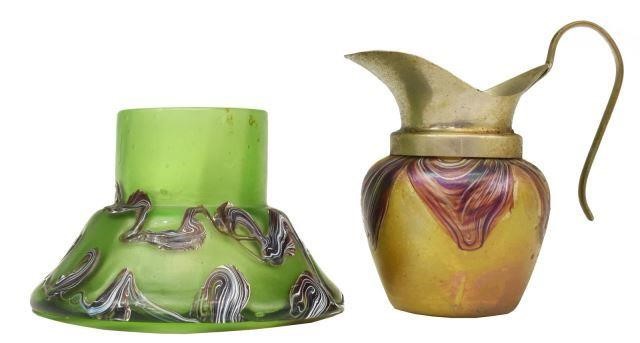 (2) ART GLASS GREEN DRIZZLED VASE &