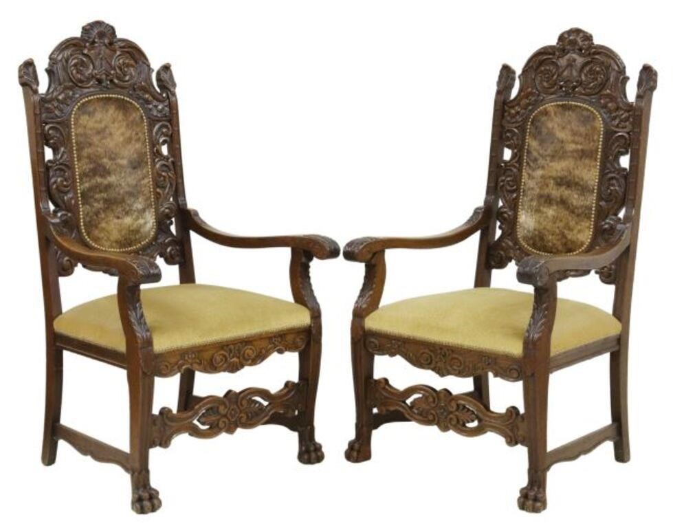 (2) BAROQUE STYLE OAK COWHIDE &