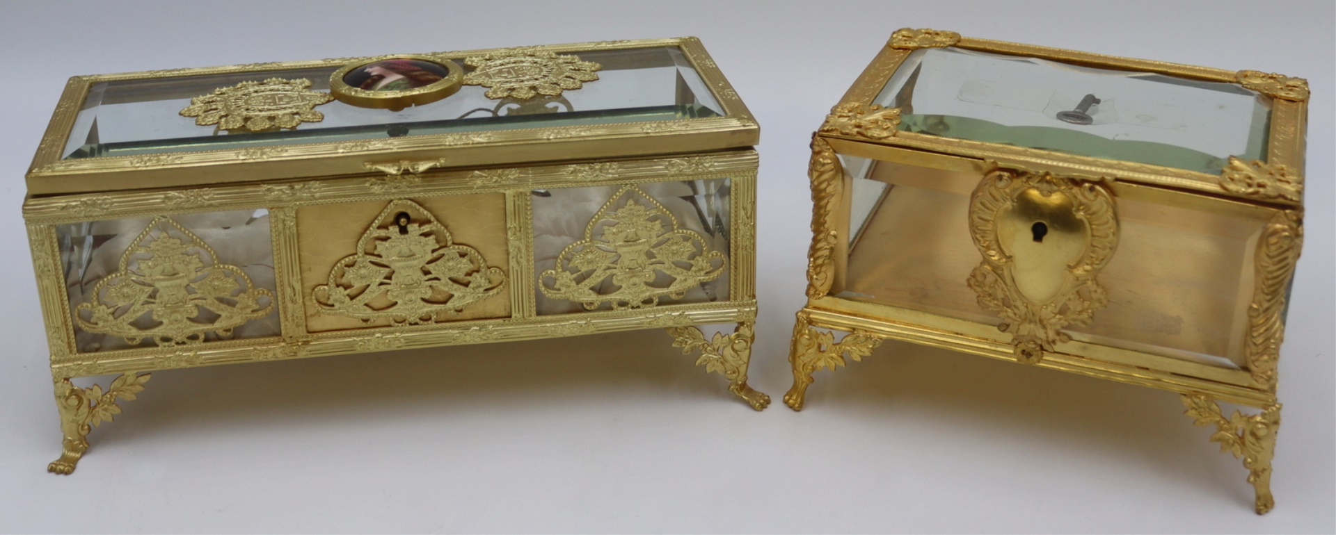 (2) BEVELED GLASS GILT METAL