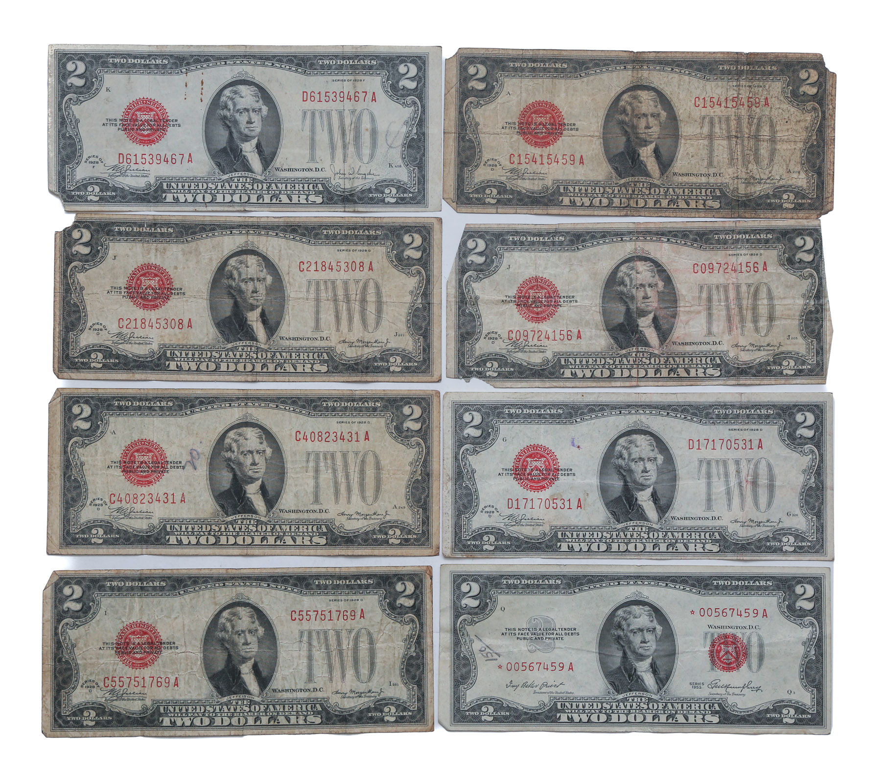 $2 BILL COLLECTION, MOSTLY 1928 RED