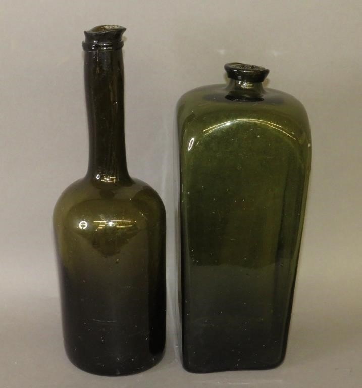 2 BLOWN OLIVE GREEN GLASS