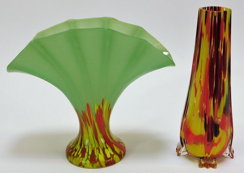 2 BOHEMIAN CZECH SPLATTER ART GLASS