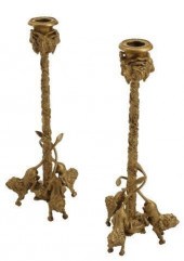 (2) BRONZE DORE LION CANDLESTI
