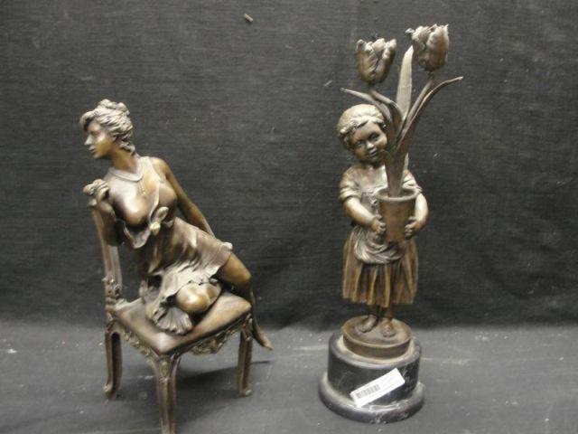 2 Bronze Figures: Girl with Flowers