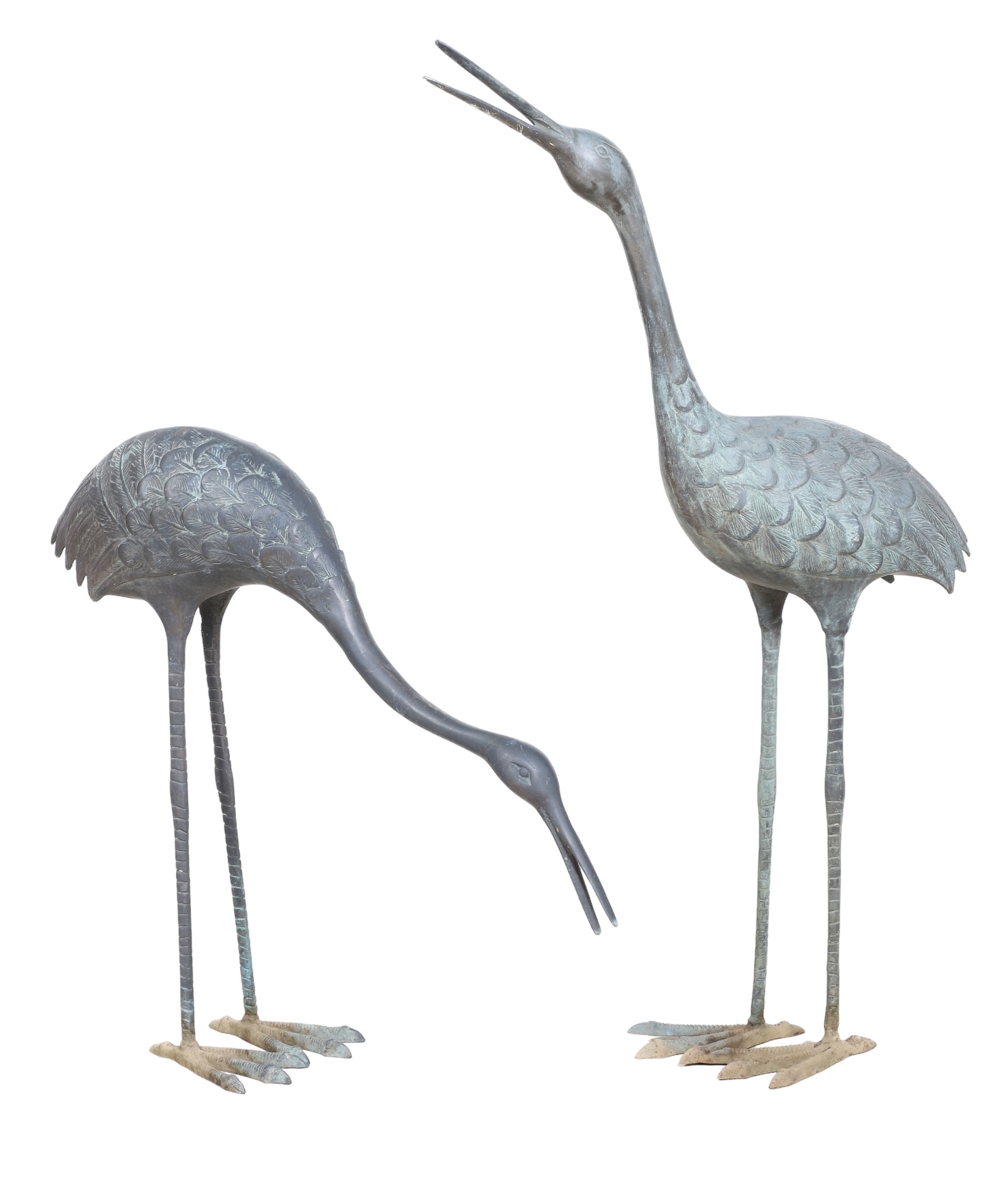 (2) bronze statues cranes, c/o