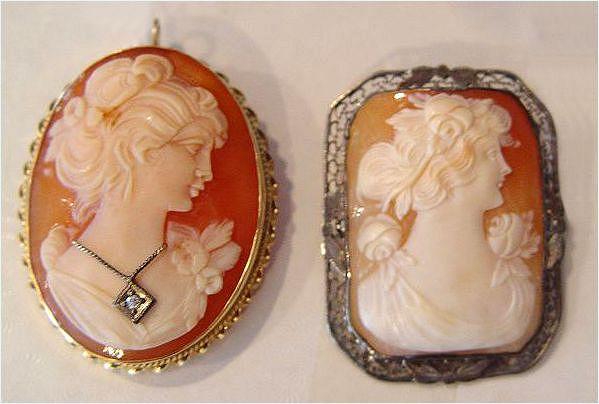 2 CAMEO BROOCHES: 14K yellow gold