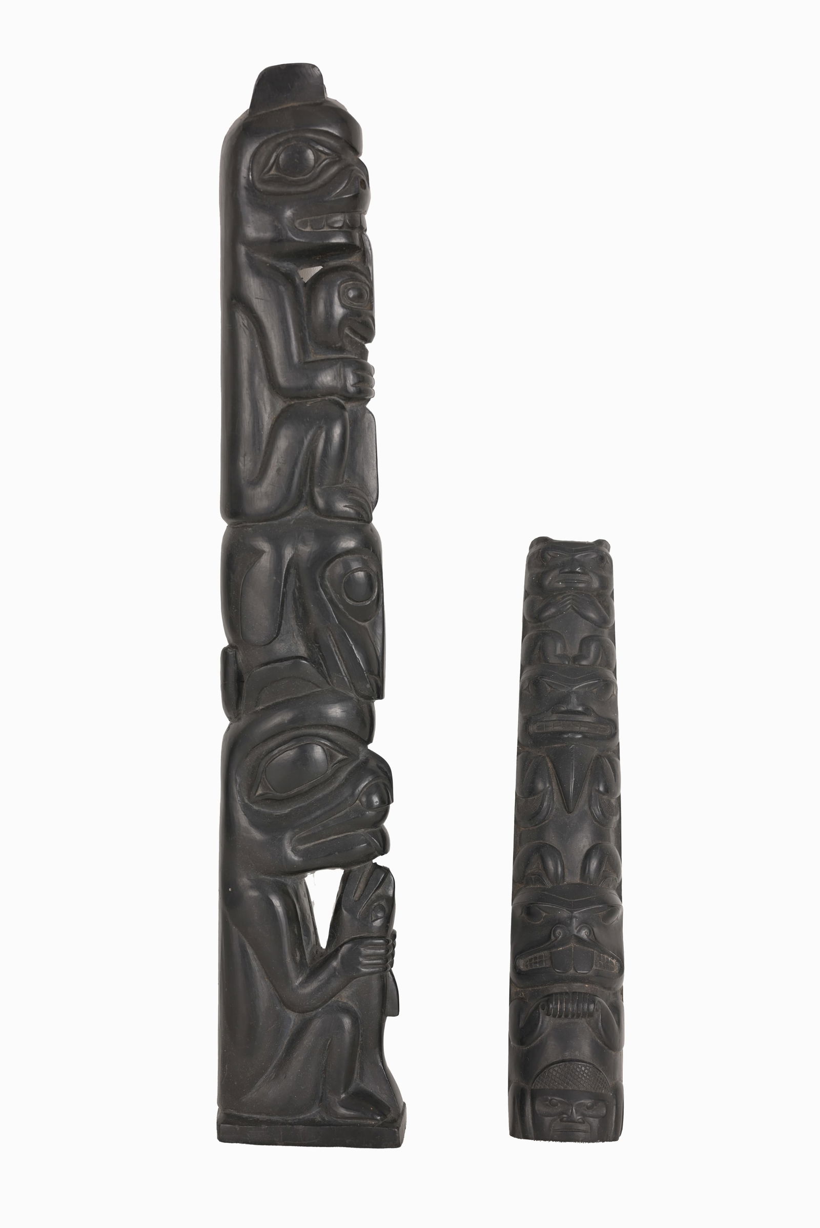 (2) CARVED ARGILLITE HAIDA TOTEM