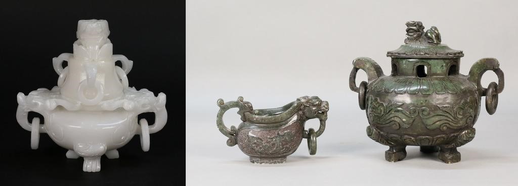 2 CARVED CHINESE CENSERS & WINE