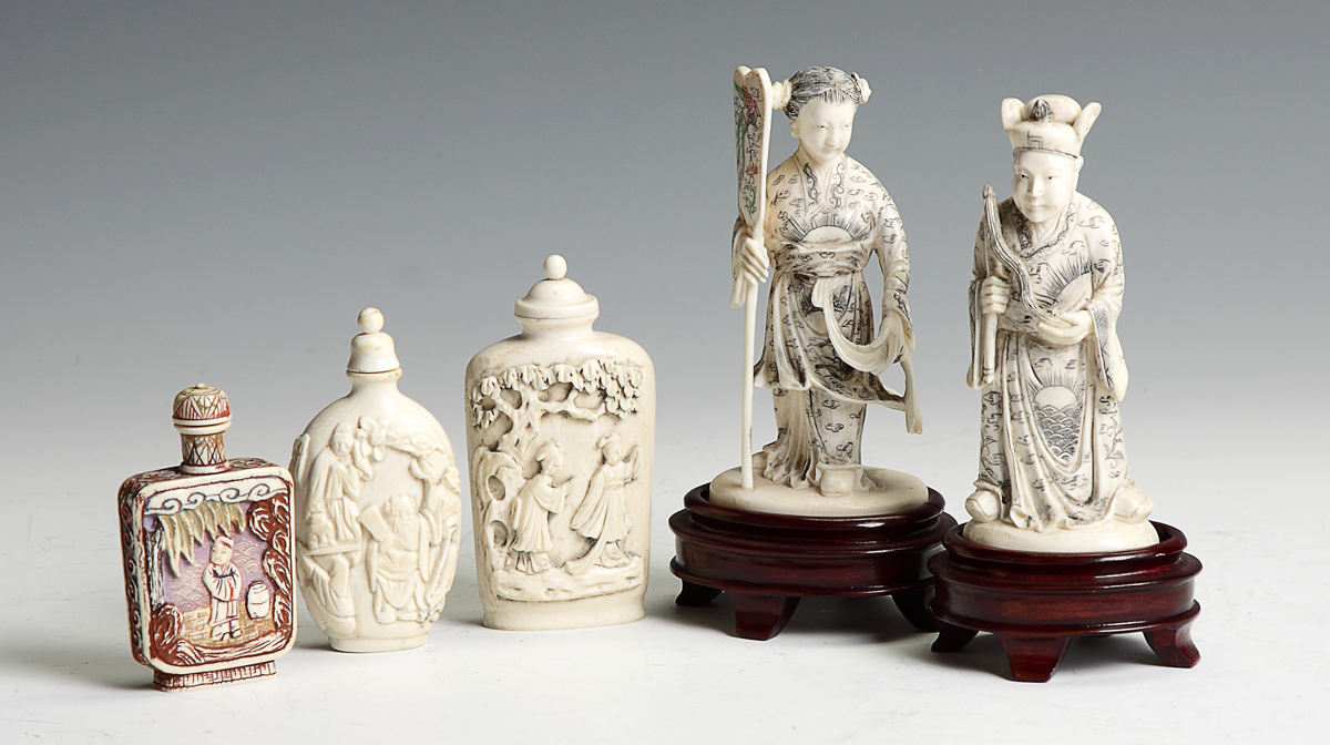 2 Carved Inked & Polychrome Ivory