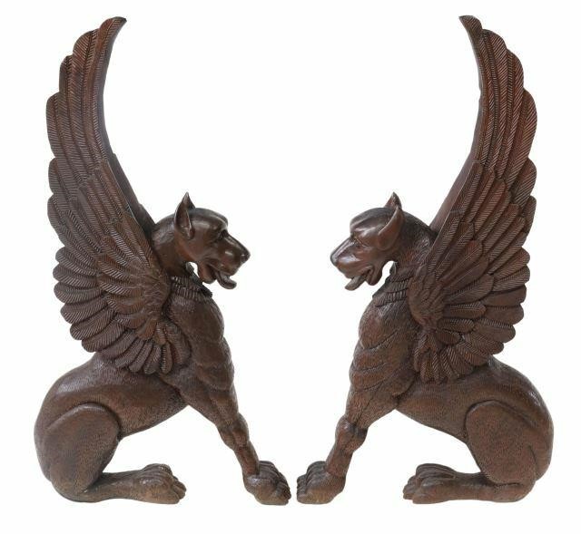 (2) CARVED MAHOGANY GRIFFIN