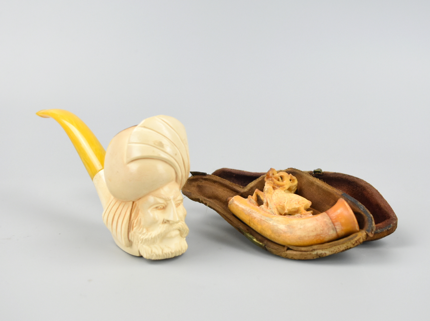 2 CARVED MEERSCHAUM PIPE, 19TH C.