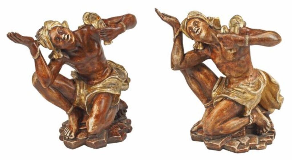 (2) CARVED & PARCEL GILT KNEELING