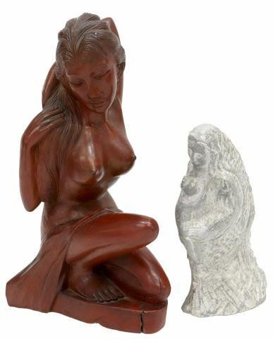 (2) CARVED STONE & WOOD FEMALE