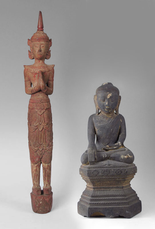 2 CARVED THAI BUDDHA FIGURES: 1)
