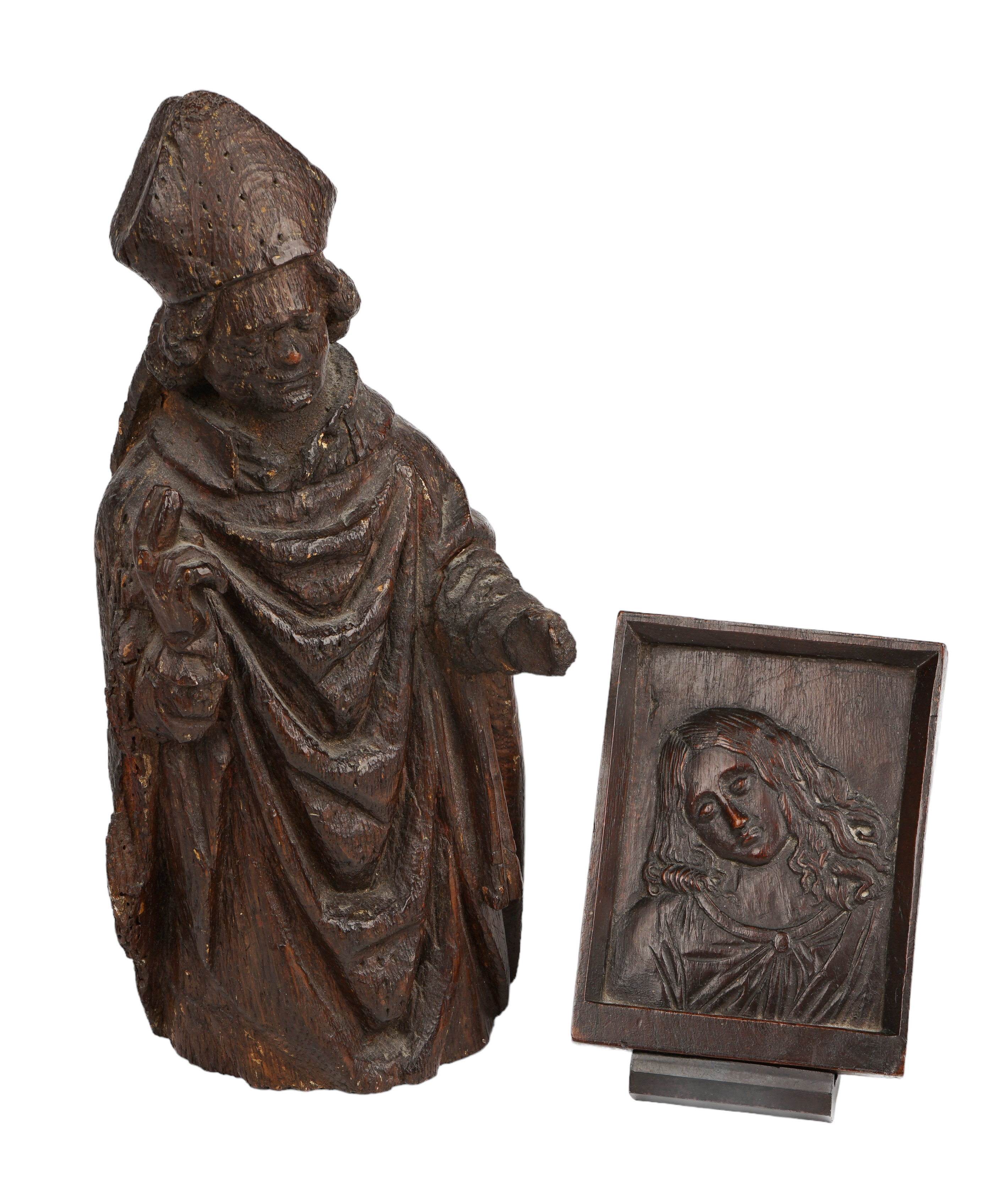 (2) Carved wood religious items,