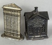 2 CAST IRON BUILDING SHAPED BA