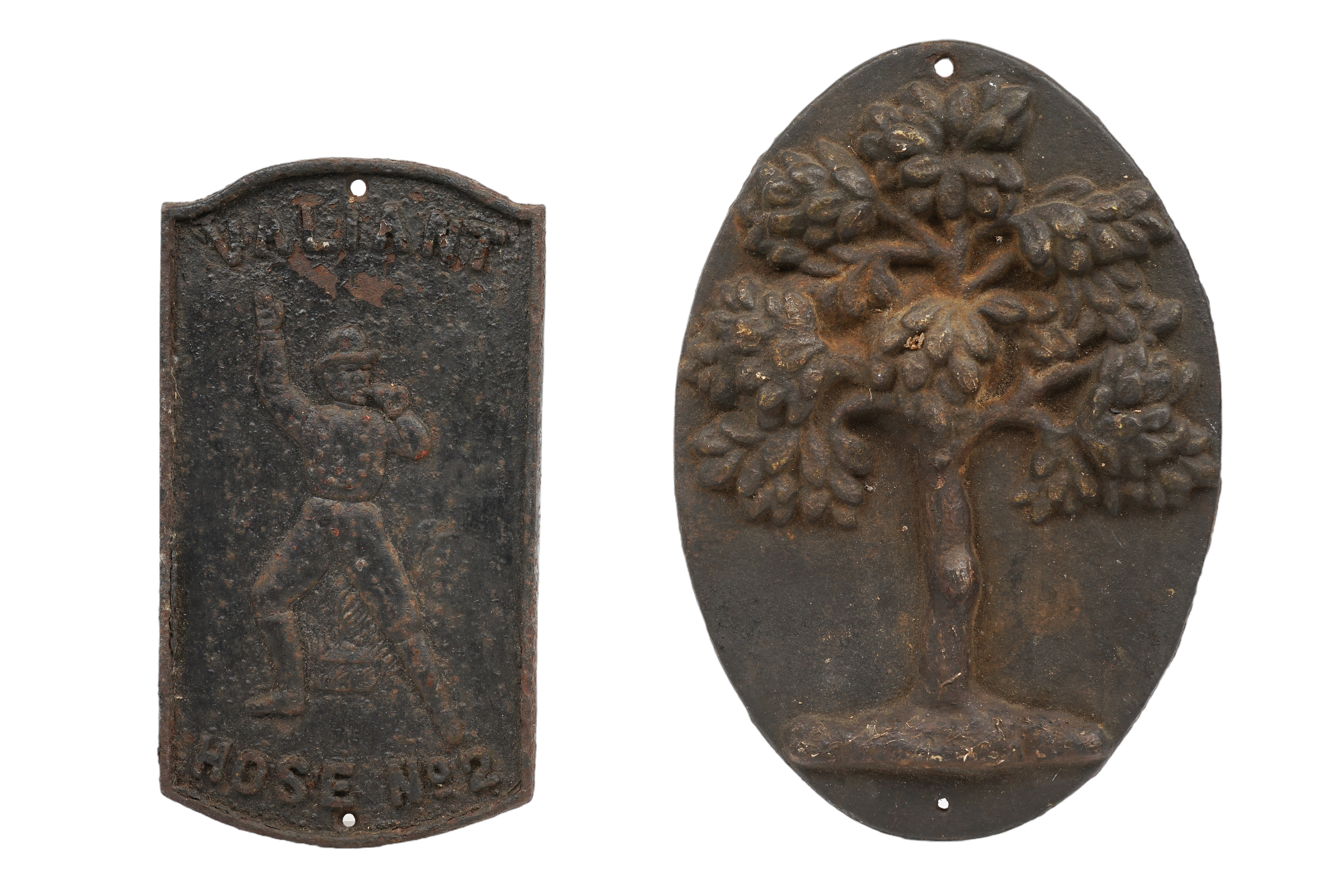 (2) Cast iron fire marks, c/o