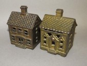2 CAST IRON HOUSE SHAPED BANKS