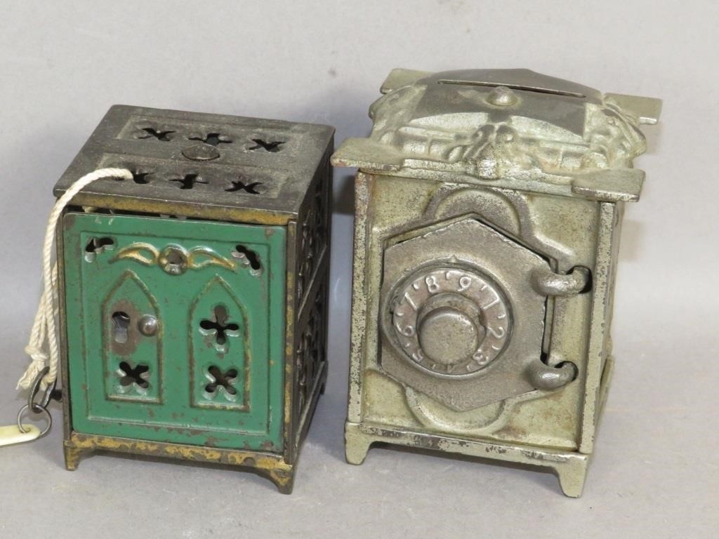 2 CAST IRON SAFE BANKSca. 1890s;