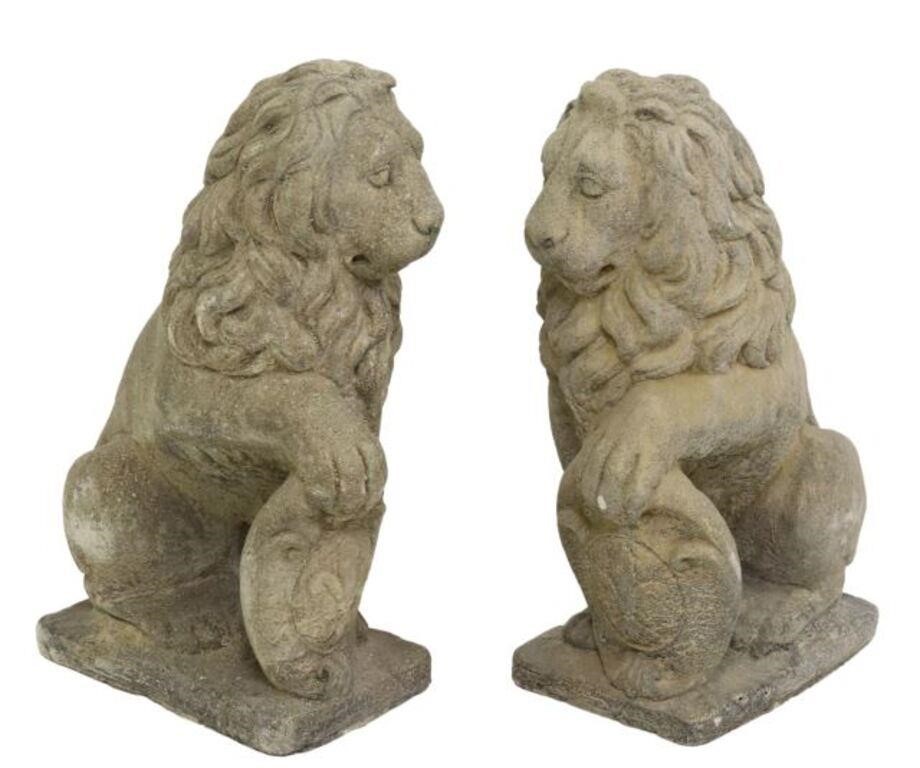 (2) CAST STONE HERALDIC LIONS