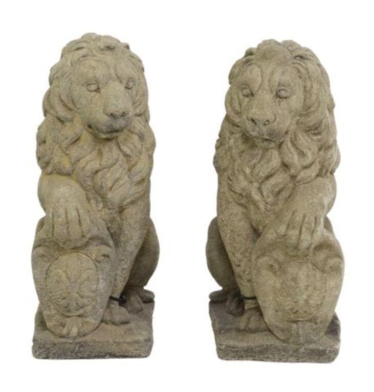 (2) CAST STONE HERALDIC LIONS