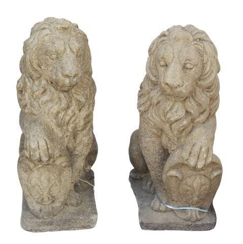 (2) CAST STONE HERALDIC LIONS