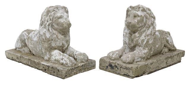 (2) CAST STONE RECUMBENT LIONS