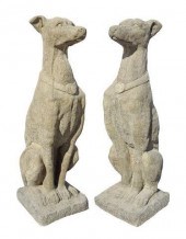 (2) CAST STONE SEATED DOGS GAR