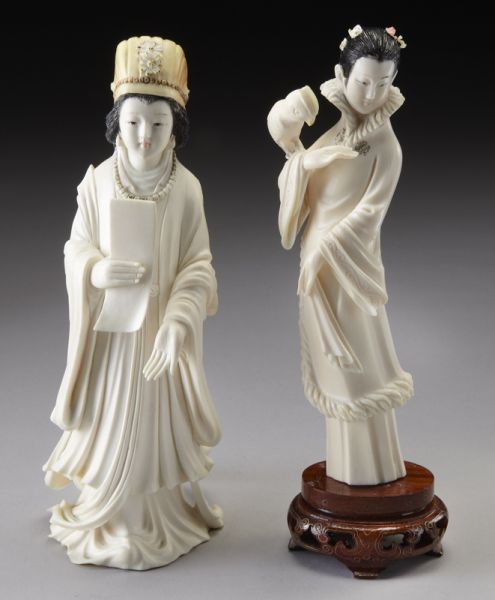 (2) Chinese carved polychrome ivory