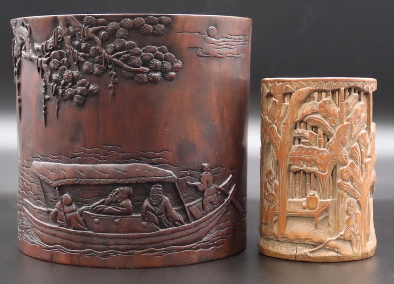 (2) CHINESE CARVED WOOD BRUSH POTS,