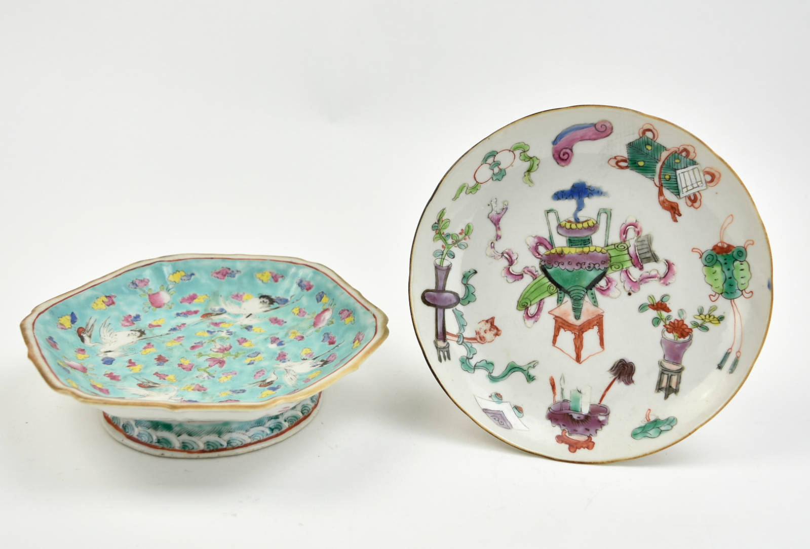 2 CHINESE FAMILLE ROSE PLATES/ STEM