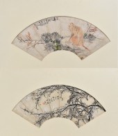 2 CHINESE FAN PAINTING OF CAT
