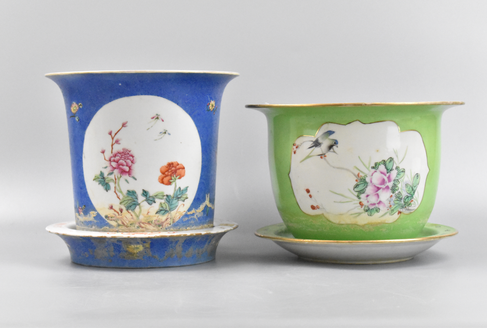 2 CHINESE GREEN & BLUE GLAZED
