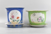 2 CHINESE GREEN & BLUE GLAZED