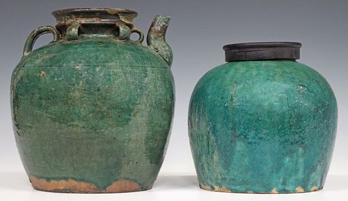 (2) CHINESE GREEN-GLAZED POTTERY