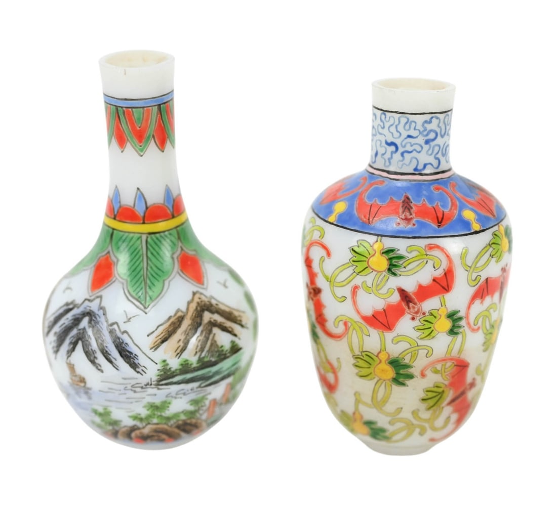 2 CHINESE HAND PAINTED MILK GLASS