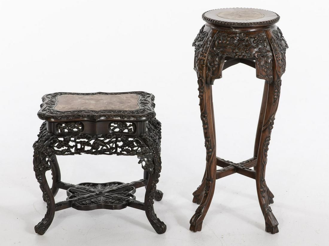 2 CHINESE HARDWOOD AND MARBLE INSET