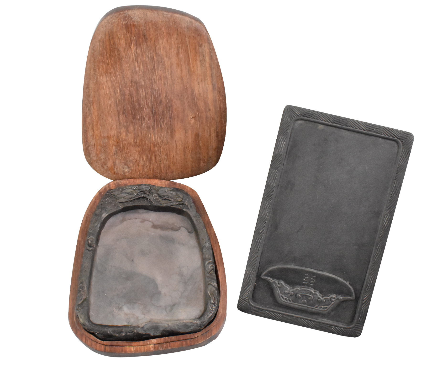 2 CHINESE INKSTONE W/ PINE TREE &