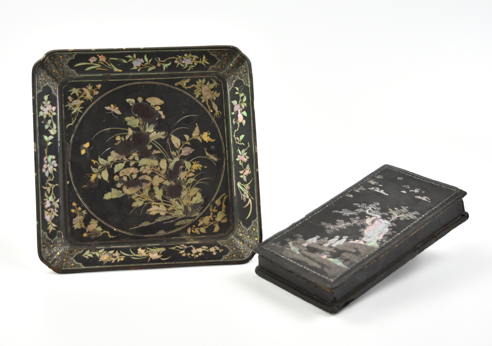 2 CHINESE LACQUER BOX & PLATE
