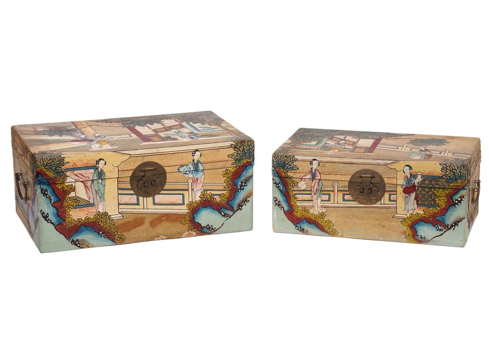 2 CHINESE POLYCHROMED PIGSKIN