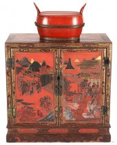 2 CHINESE RED LACQUER ITEMS, S