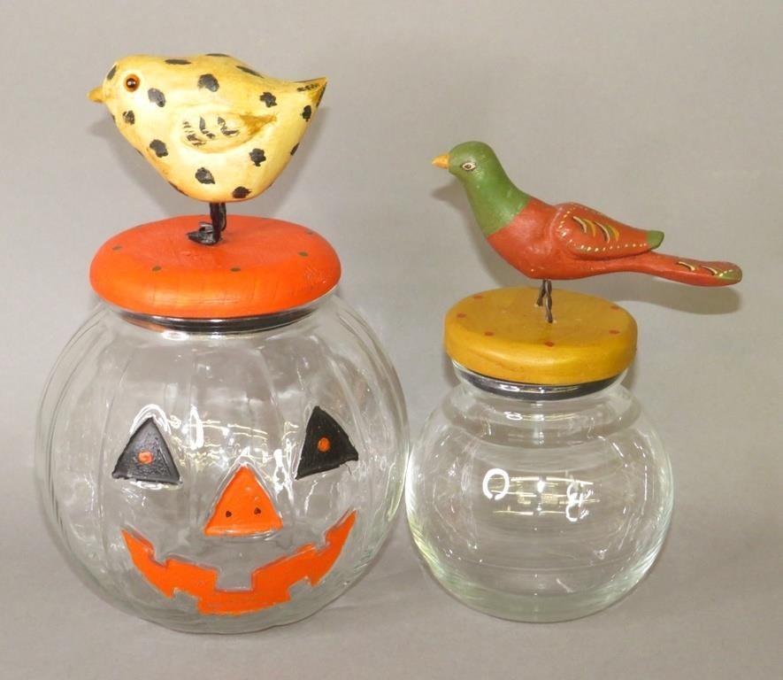 2 CLEAR CANDY JARS WITH FOLK ART