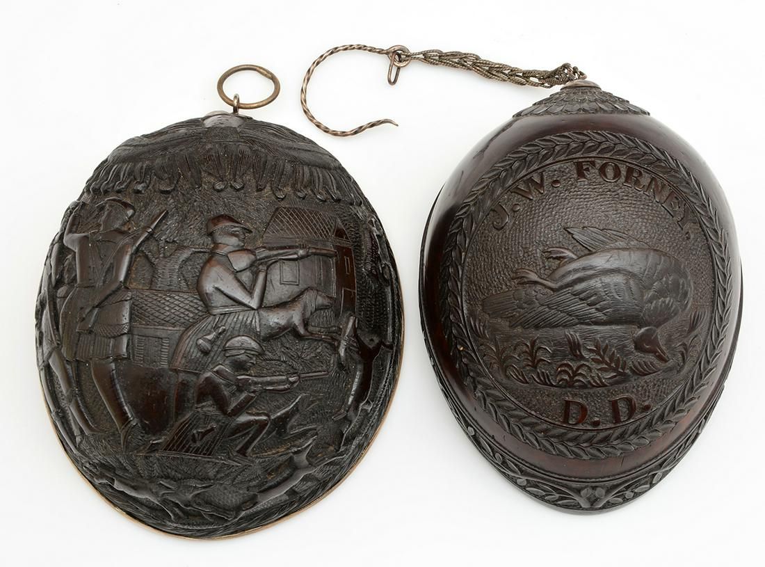 2 COCONUT SHELL CARVINGS, 19TH C,
