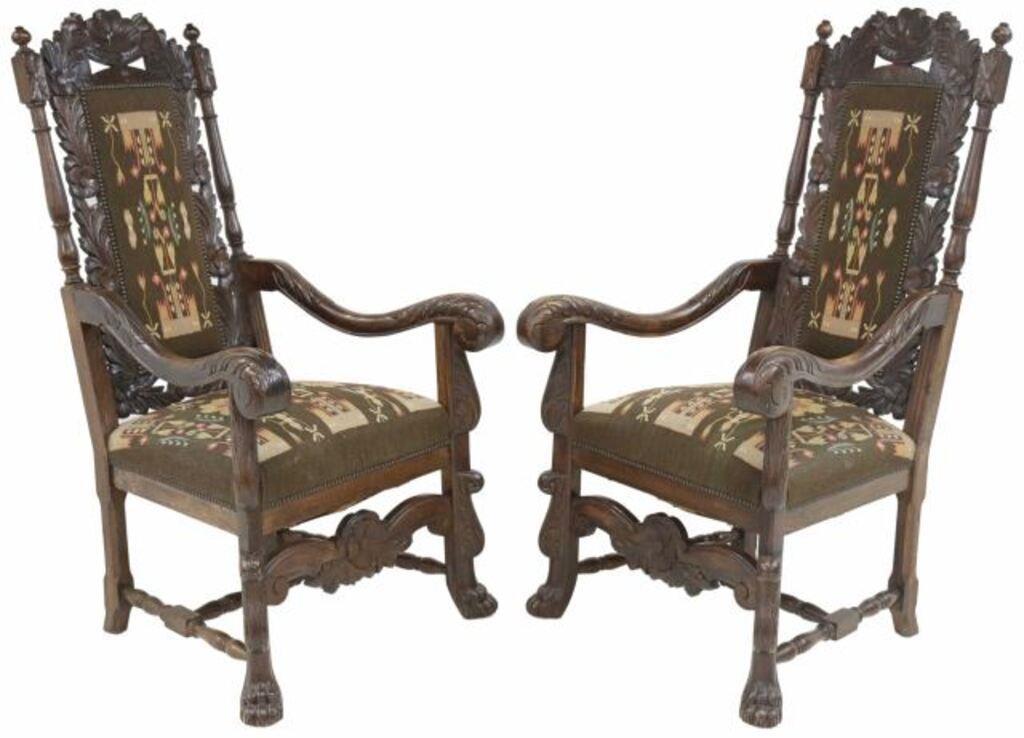 (2) CONTINENTAL CARVED OAK HIGHBACK