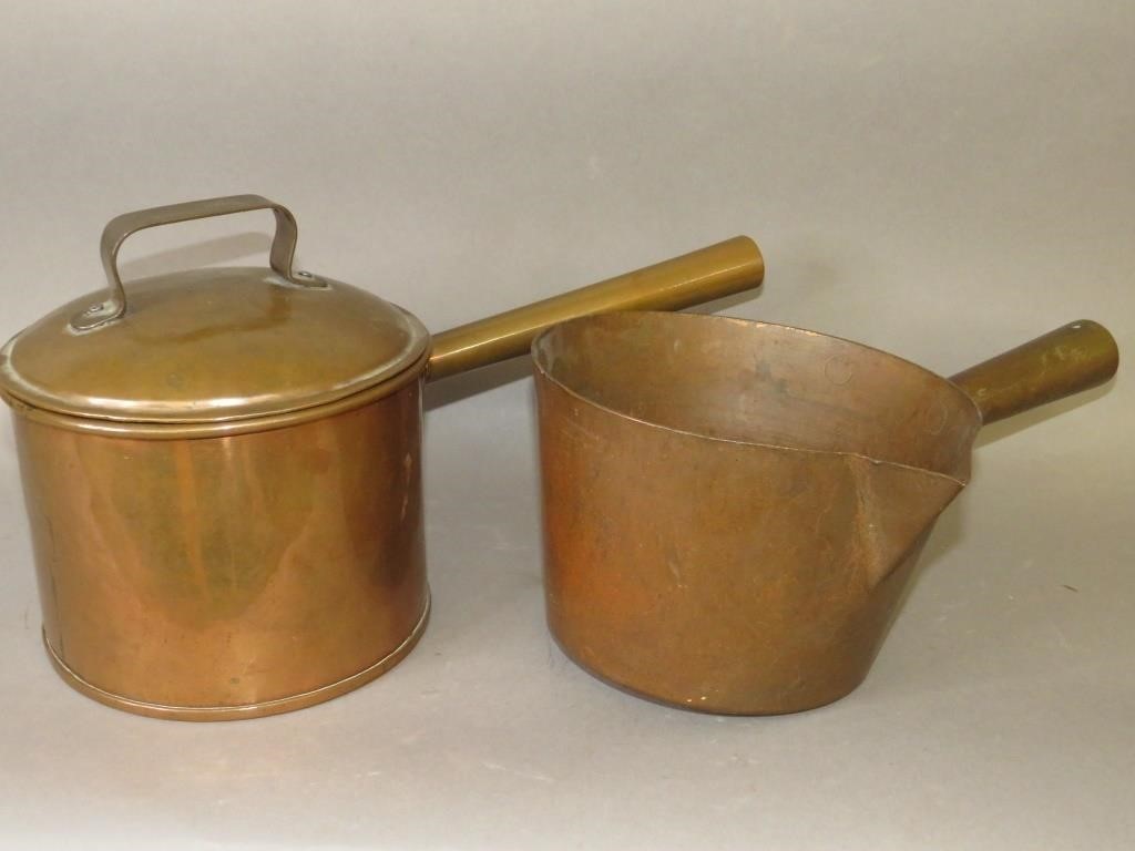 2 COPPER TUBULAR HANDLED PANSca.