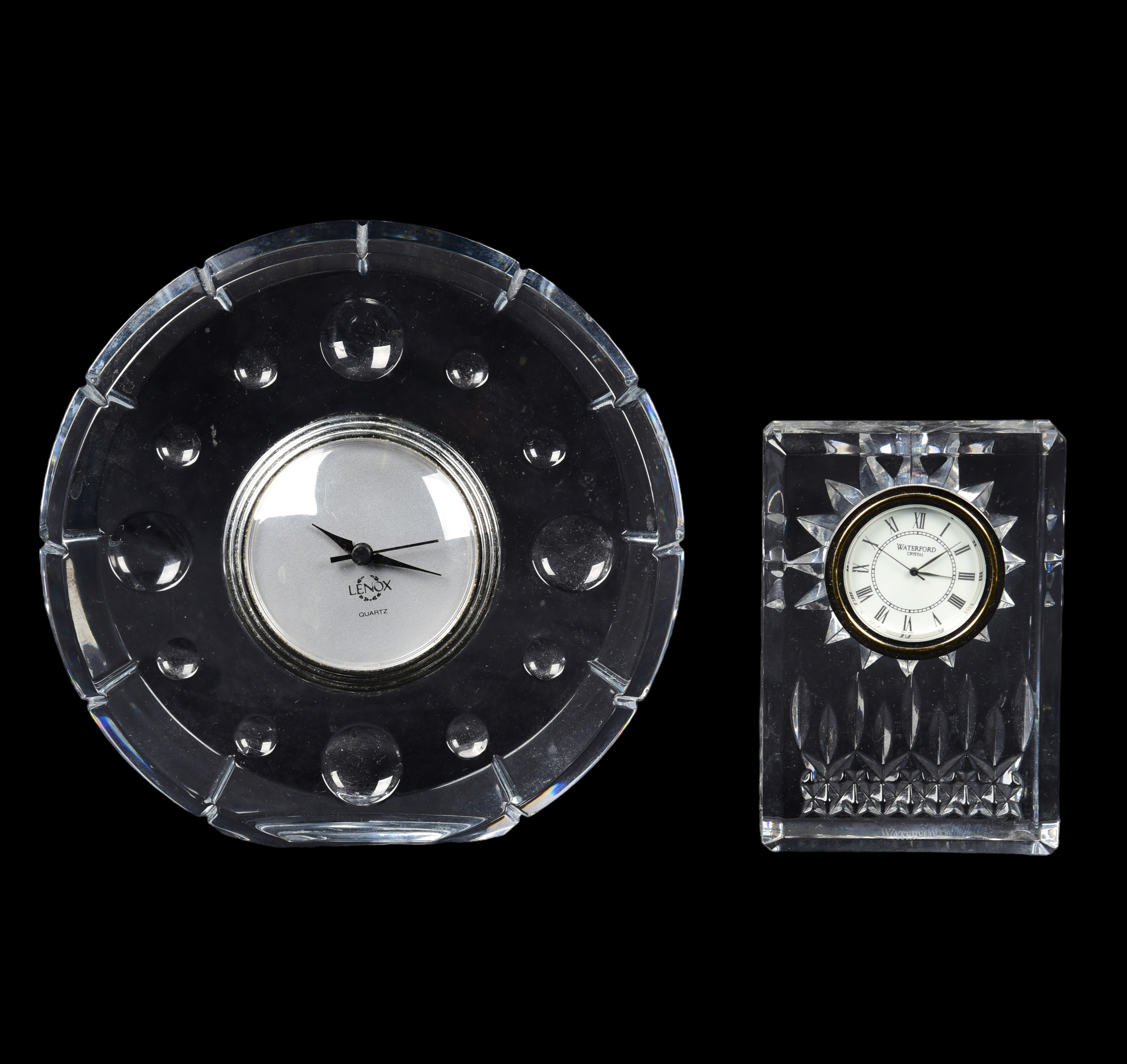 (2) Crystal desk clocks, c/o