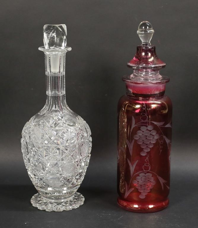 2 DECANTERS CUT GLASS & CRANBERRY