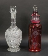 2 DECANTERS CUT GLASS & CRANBE